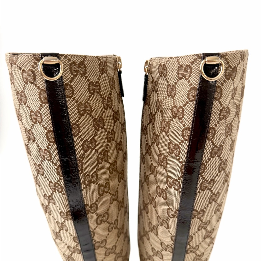Gucci Beige Monogram Knee-High Heeled Boots - Picture 7 of 16